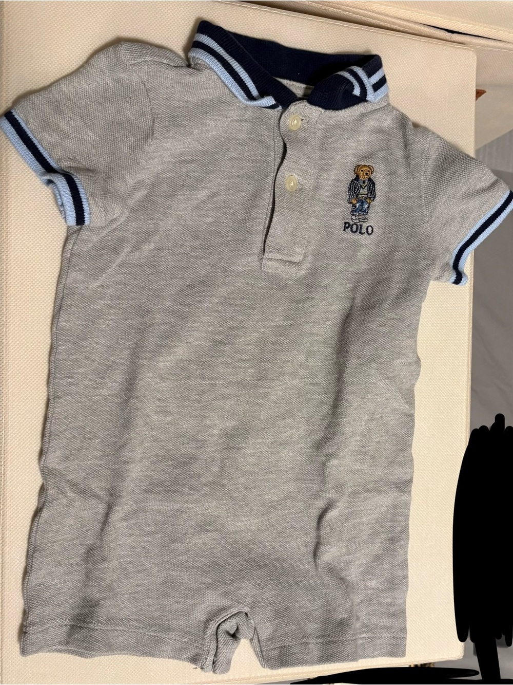 Polo by Ralph Lauren Gray Baby Polo Romper with Bear Embroidery 6M